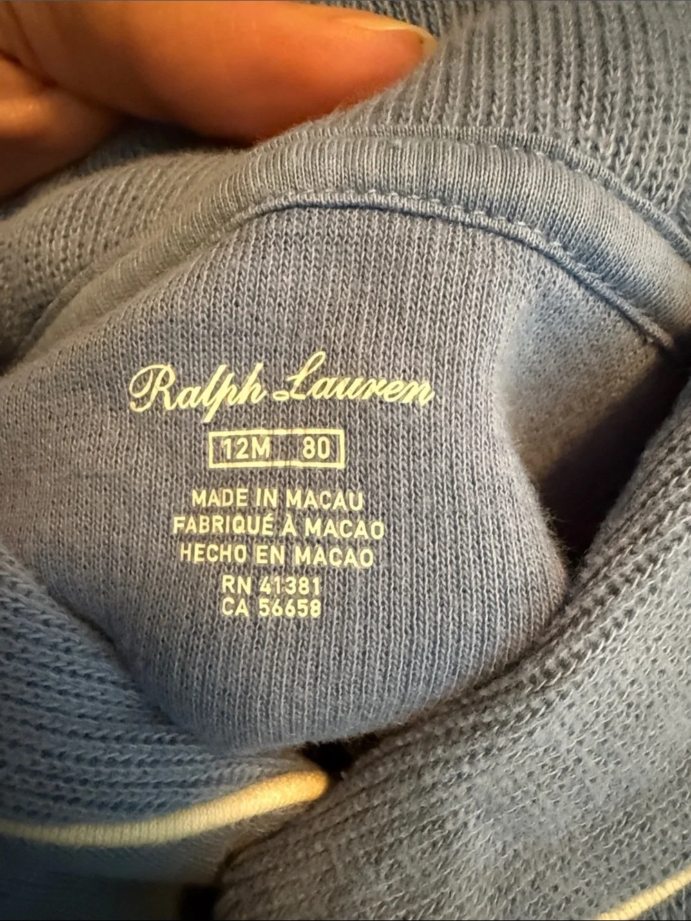 Ralph Lauren Light Blue Knit Baby One-Piece with White Piping